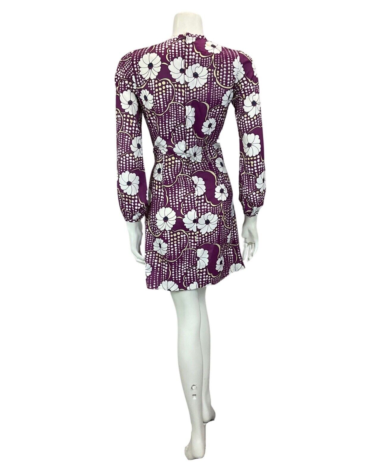 VINTAGE 60S 70S PURPLE WHITE FLORAL PRINT BOHO MOD MINI DRESS 10