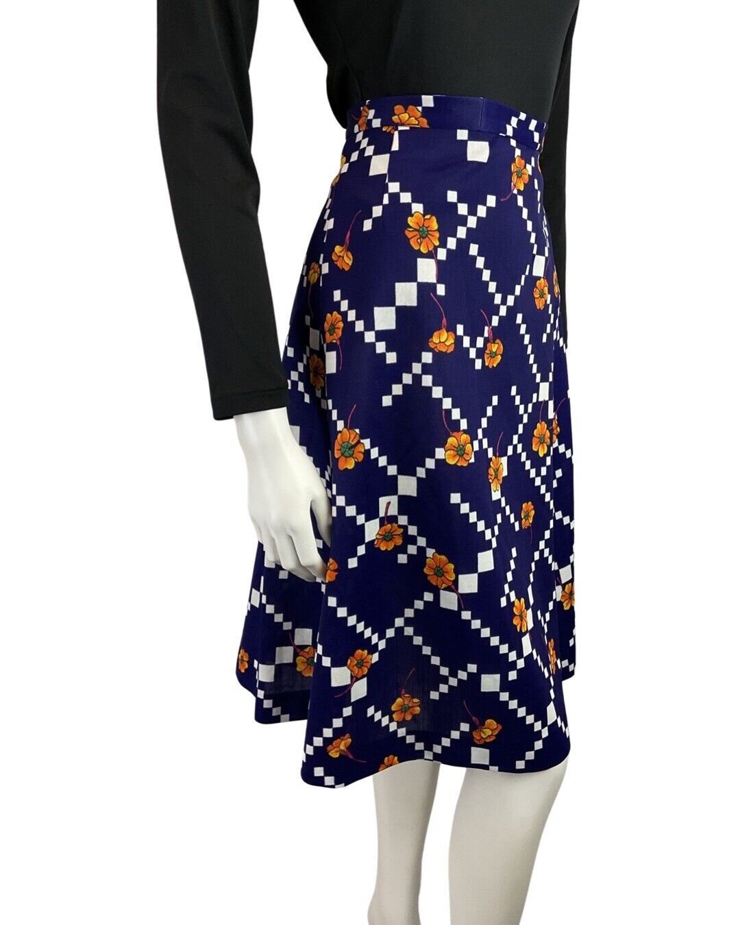 VINTAGE 60s 70s BLUE WHITE ORANGE GEOMETRIC FLORAL MOD MIDI SKIRT 8