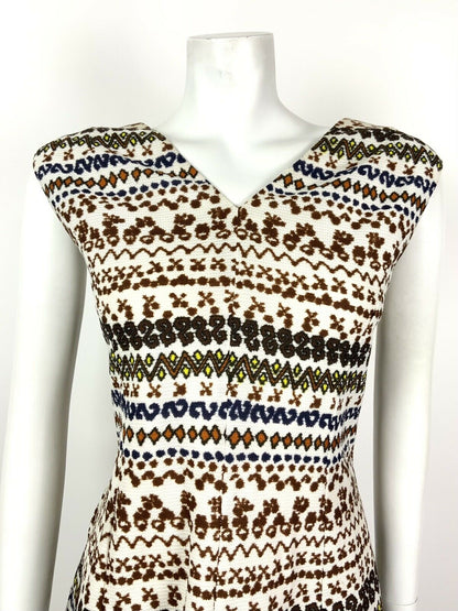 VINTAGE 60s 70s WHITE BROWN BLUE ORANGE GEOMETRIC AZTEC SLEEVELESS DRESS 14 16