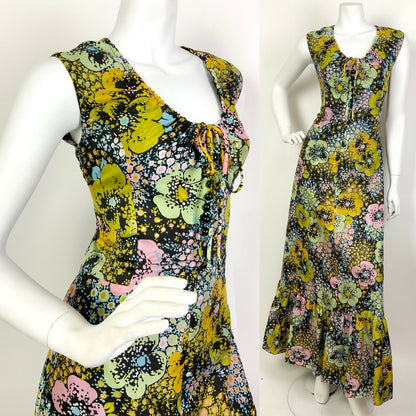 VINTAGE 60s 70s BLACK YELLOW PINK BLUE PSYCHEDELIC FLORAL DOTTY MAXI DRESS 12