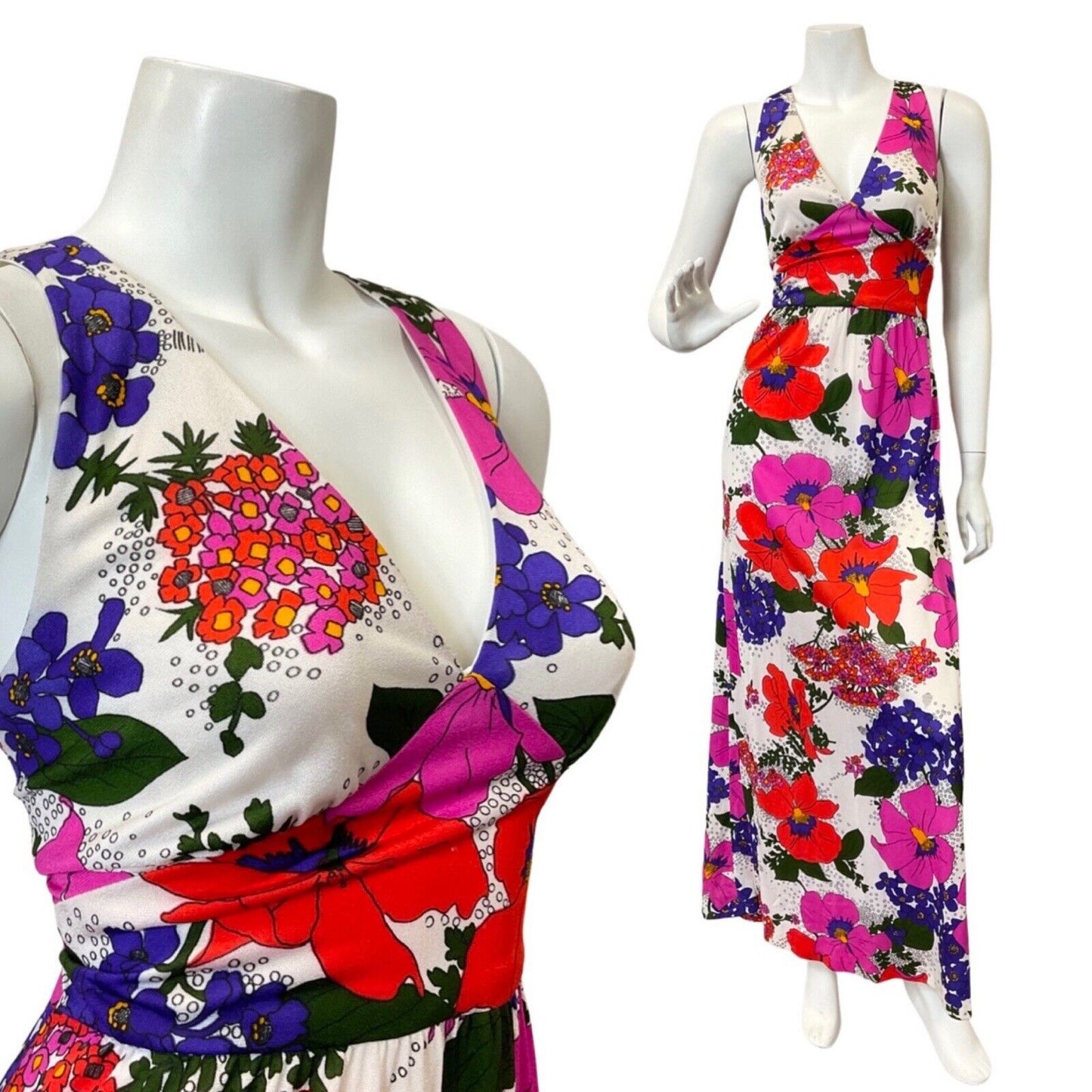 VINTAGE 60s 70s WHITE RED PURPLE FLORAL POPPY SLEEVELESS MAXI DRESS 10 12