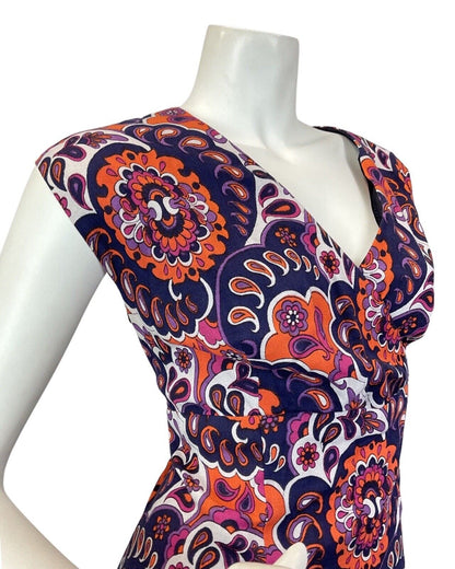 VINTAGE 60s 70s PURPLE BLUE ORANGE PSYCHEDELIC FLORAL PAISLEY MAXI DRESS 16 18