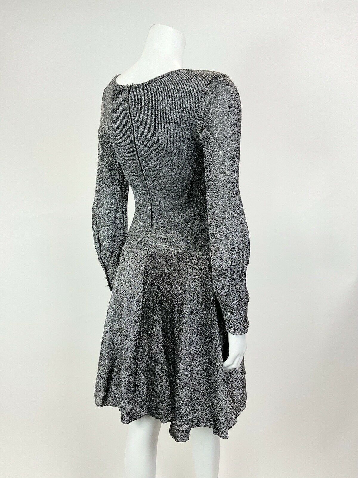 VINTAGE 60s 70s SILVER GLITTER LUREX STUDIO 54 PARTY DISCO MOD SKATER DRESS 6 8