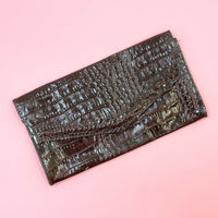 VINTAGE 70s WINE RED CROCODILE LEATHER GLAM CLUTCH BAG