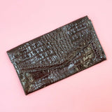 VINTAGE 70s WINE RED CROCODILE LEATHER GLAM CLUTCH BAG