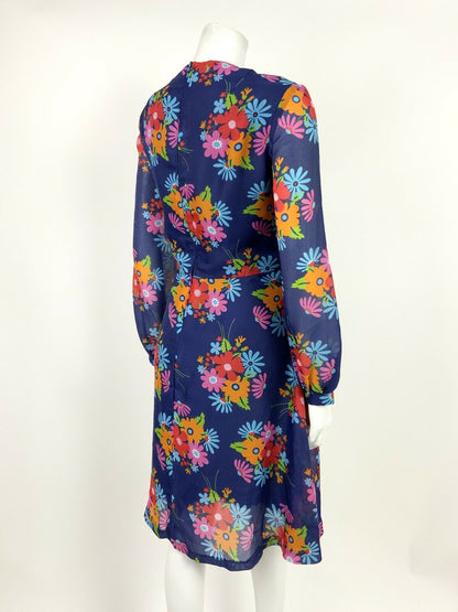 VINTAGE 60s 70s BLUE RED ORANGE PINK GREEN FLORAL HIPPY SHEER FLOATY DRESS 14 16