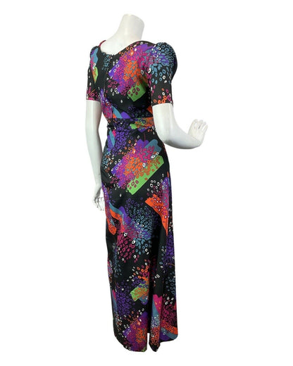 VINTAGE 60s 70s BLACK PURPLE GREEN ABSTRACT LEAFY PSYCHEDELIC MOD MAXI DRESS 12