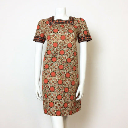 VTG 60S 70S ORANGE ETHNIC PSYCHEDELIC BATIK PRINT COTTON MINI DRESS 8 10