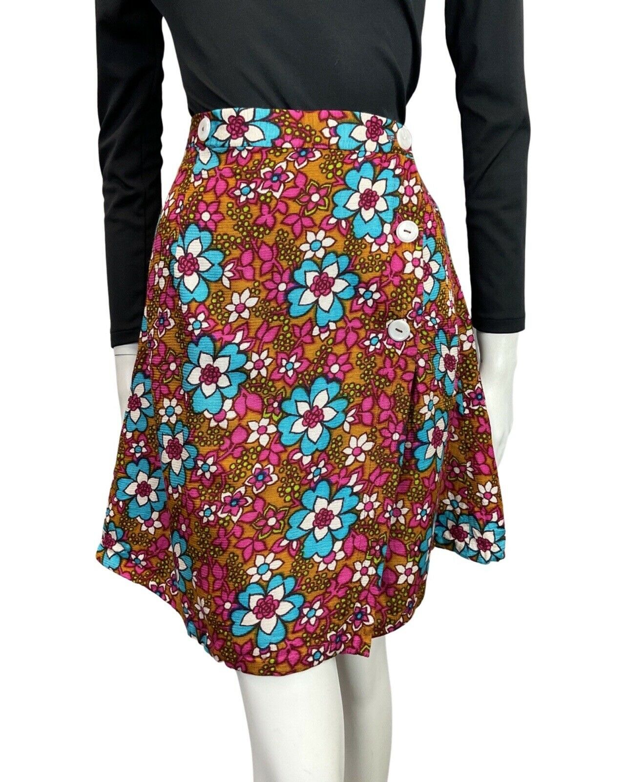 VINTAGE 60s 70s BROWN PINK BLUE FLORAL DAISY PSYCHEDELIC MOD WRAP SHORT SKIRT 8