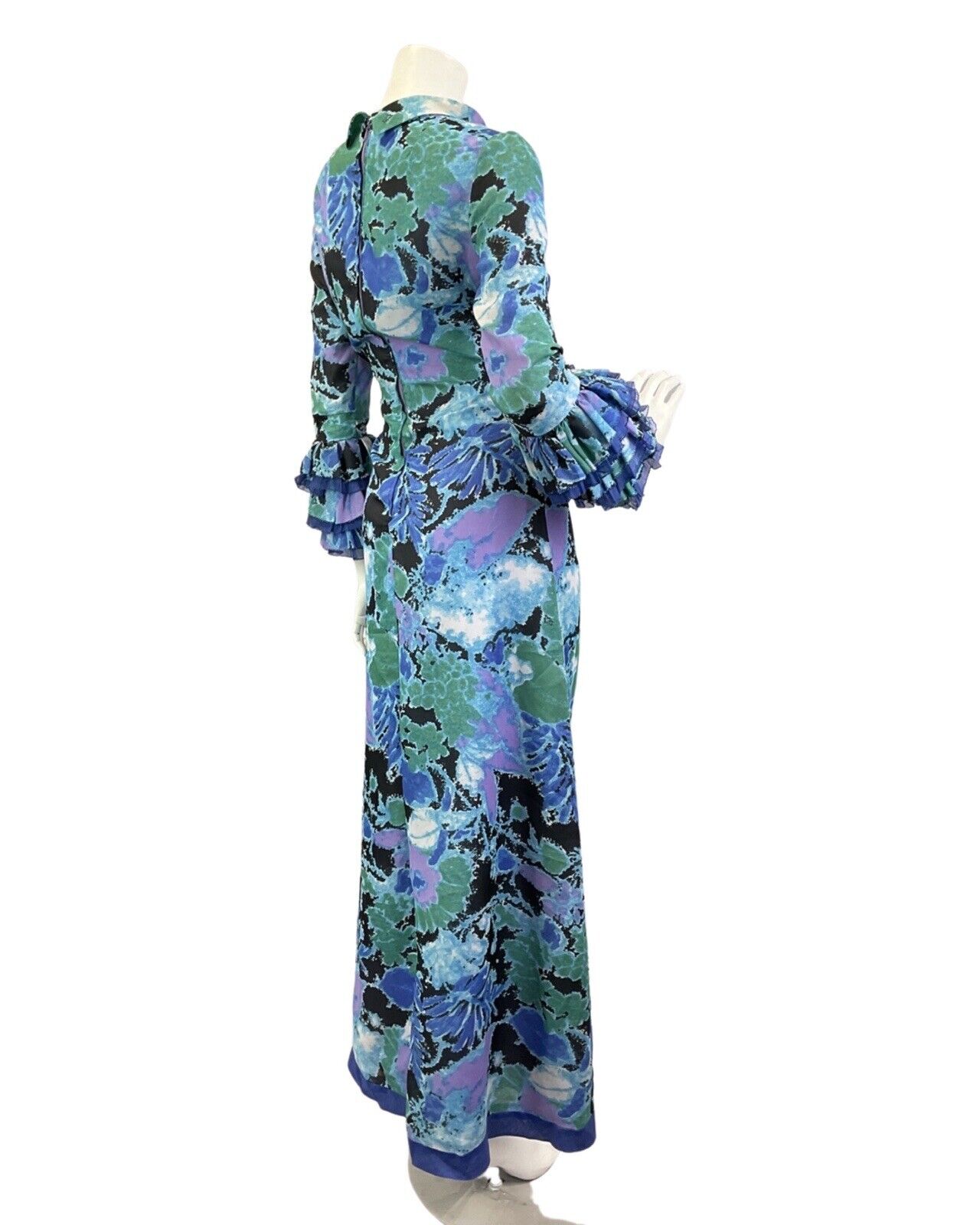 VINTAGE 60s 70s BLUE PURPLE GREEN PSYCHEDELIC FLORAL RUFFLED MAXI DRESS 10