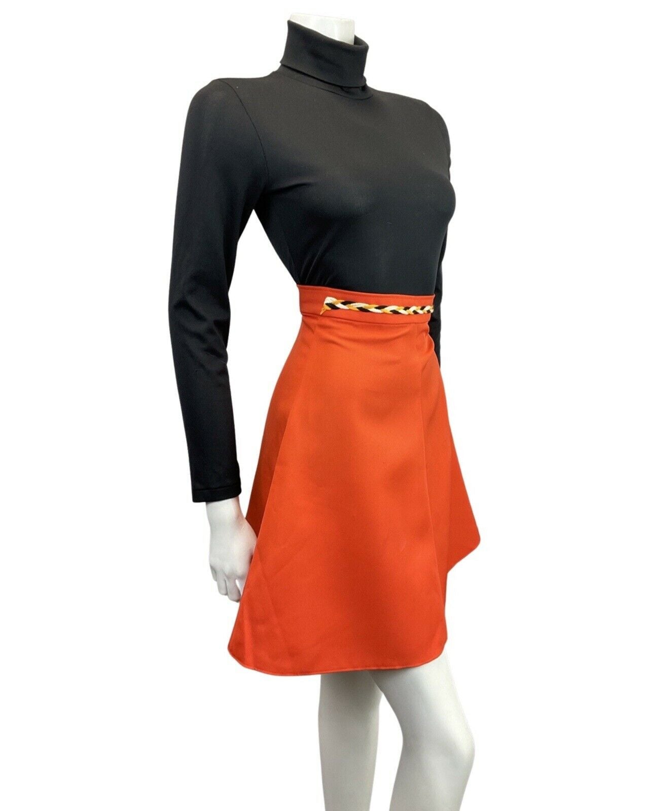 VINTAGE 60s 70s ORANGE BLACK WHITE BRAIDED MOD A-LINE SKIRT 4