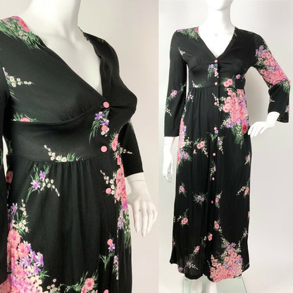 VINTAGE 60s 70s BLACK PASTEL PINK PURPLE GREEN FLORAL BOUQUET MAXI DRESS 14 16