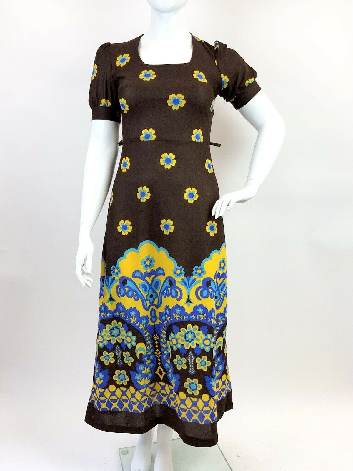 VINTAGE 60s 70s BROWN BLUE YELLOW FLORAL DECO PUFF SLEEVE MOD BOHO MAXI DRESS 16