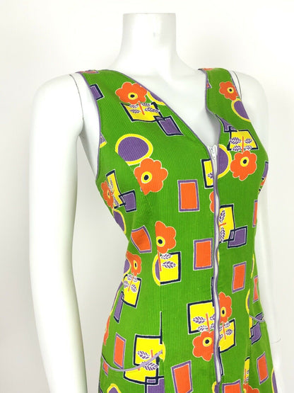 VINTAGE 60s 70s GREEN PURPLE YELLOW ORANGE FLORAL GEOMETRIC SUMMER DRESS 12