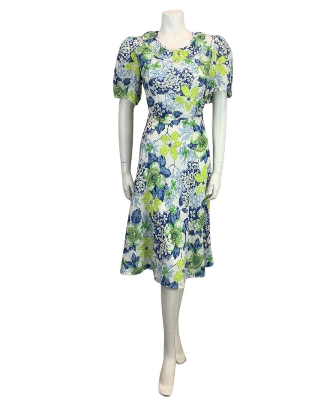 VINTAGE 60s 70s GREEN BLUE WHITE FLORAL PRINT FLOATY RUFFLED BOHO MIDI DRESS 8