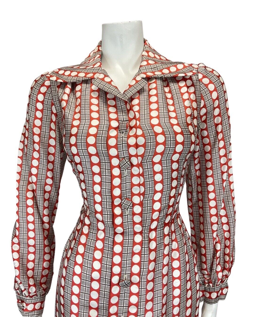 VINTAGE 60s 70sRED WHITE BROWN GRID CHECKED DOTTY MOD SHIRT DRESS 10