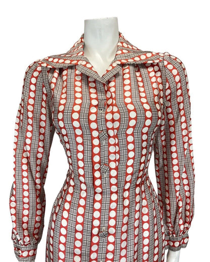 VINTAGE 60s 70sRED WHITE BROWN GRID CHECKED DOTTY MOD SHIRT DRESS 10