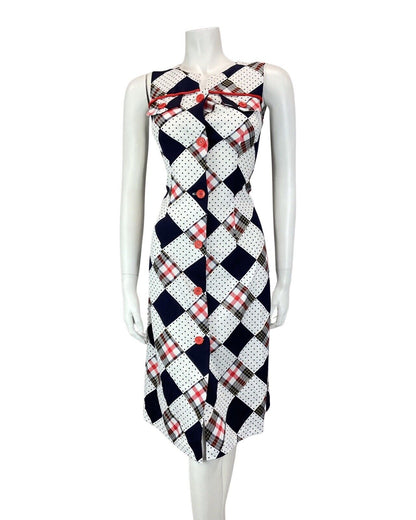 VINTAGE 60s 70s WHITE BLUE RED PATCHWORK POLKA-DOT SLEEVELESS MOD MIDI DRESS 8