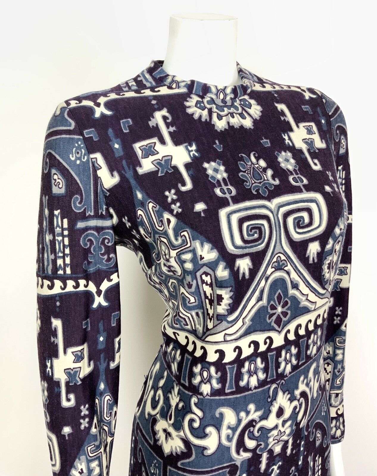 CVINTAGE 60s 70s PURPLE BLUE SILVER FLORAL AZTEC LONGSLEEVE SHIFT DRESS 12 14