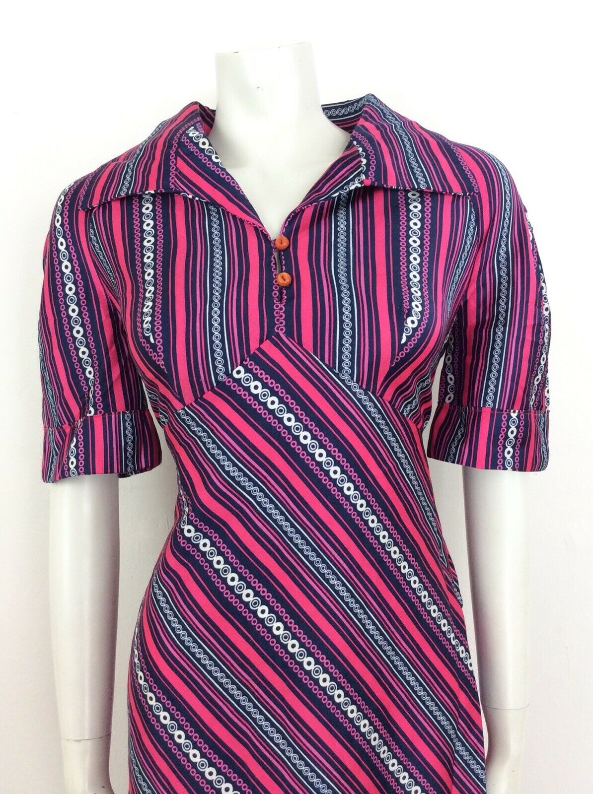 VINTAGE 60s 70s STRIPED CIRCLE GEOMETRIC SHIRT DRESS PINK BLUE WHITE 14