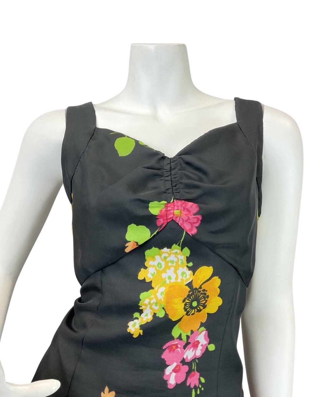 VINTAGE 70s BLACK PINK GREEN FLORAL POPPY SWEETHEART SLEEVELESS MAXI DRESS 10 12