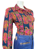 VTG 60s 70s BLUE NEON PINK GREEN PSYCHEDELIC FLORAL PAISLEY DAGGER SHIRT 14 16