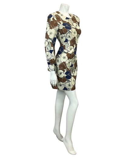 VINTAGE 60s 70s BEIGE BROWN NAVY FLORAL PRINT MOD MINI DRESS 8