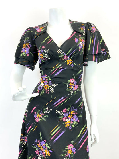 VINTAGE 60s 70s BLACK PURPLE GREEN ORANGE FLORAL STRIPED MOD MAXI DRESS 10