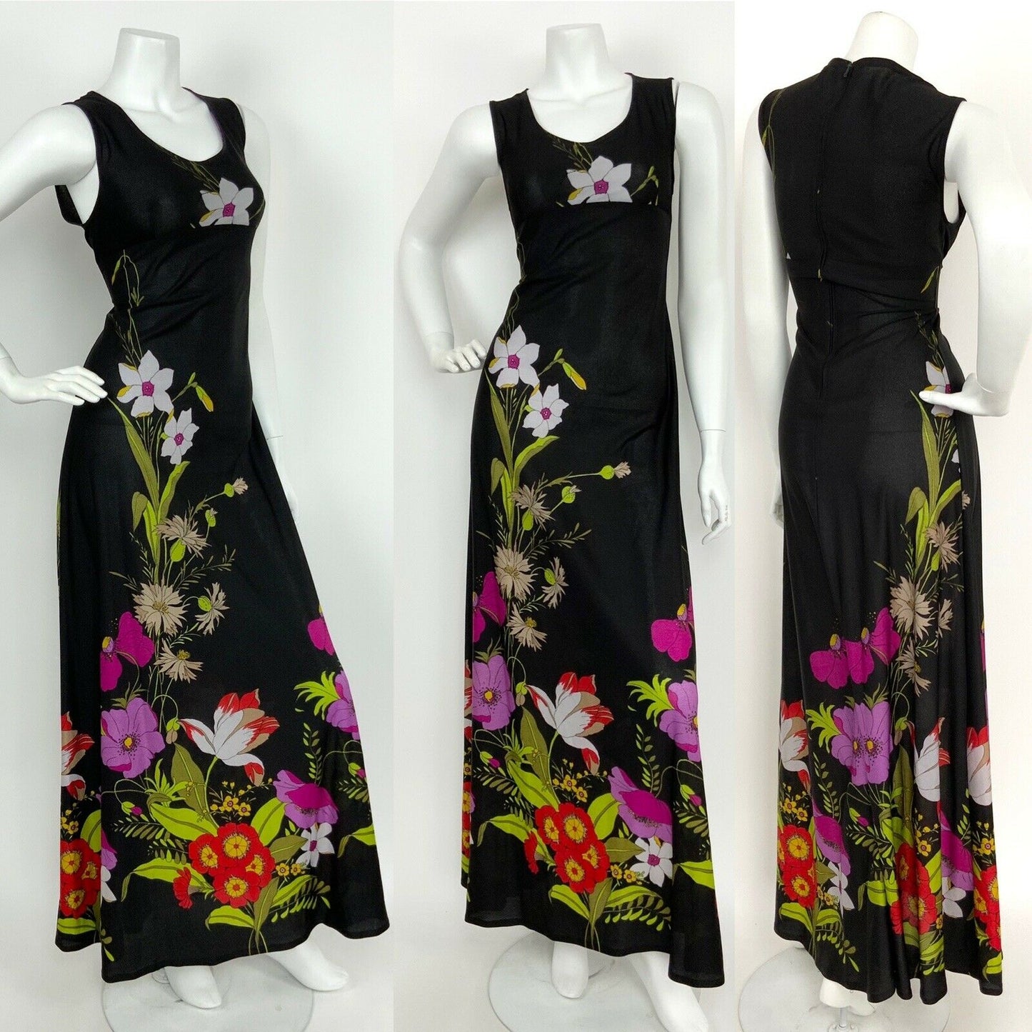 VINTAGE 60s 70s BLACK PURPLE WHITE RED FLORAL SLEEVELESS MAXI DRESS 10