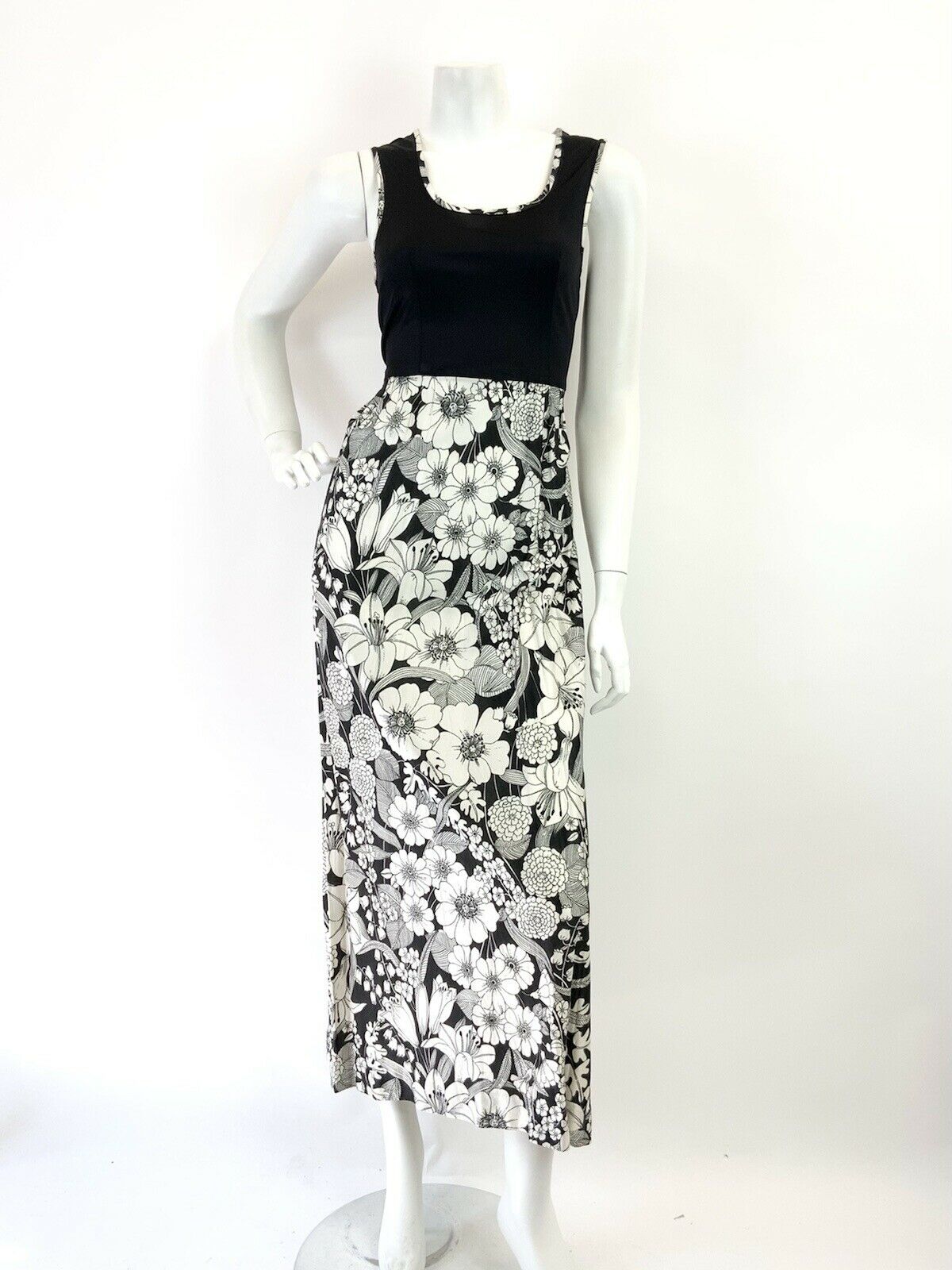 VINTAGE 60s 70s BLACK WHITE FLORAL PSYCHEDELIC MOD SLEEVELESS MAXI DRESS 8 10