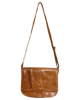 VINTAGE 70s 80s TOFFEE BROWN STAMPED LEATHER BOHO MOD SHOULDER BAG