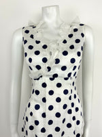 VTG 60s 70s NAVY BLUE WHITE POLKA DOT FLOUNCE RUFFLE EMPIRE MOD DRESS 10 12