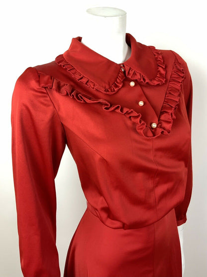 VINTAGE 60s 70s PILLARBOX RED PEARL DOG EAR COLLAR RUFFLED WESTRN DRESS 10 12