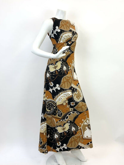 VTG 60s 70s BROWN BLACK CREAM PSYCHEDELIC LEAFY SWIRL MOD BOHO MAXI DRESS 8 10