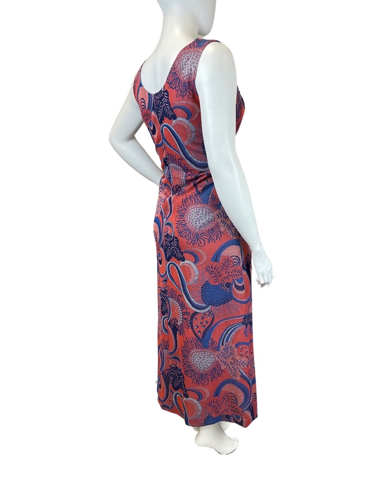 VTG 60s 70s RED BLUE SILVER PSYCHEDELIC FLORAL LUREX MOD DISCO MAXI DRESS 16 18