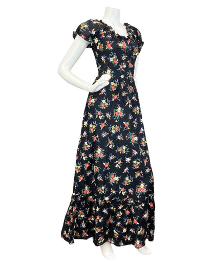 VINTAGE 60s 70s BLACK RED GREEN FLORAL BOUQUET BOHO PRAIRIE SUMMER MAXI DRESS 6