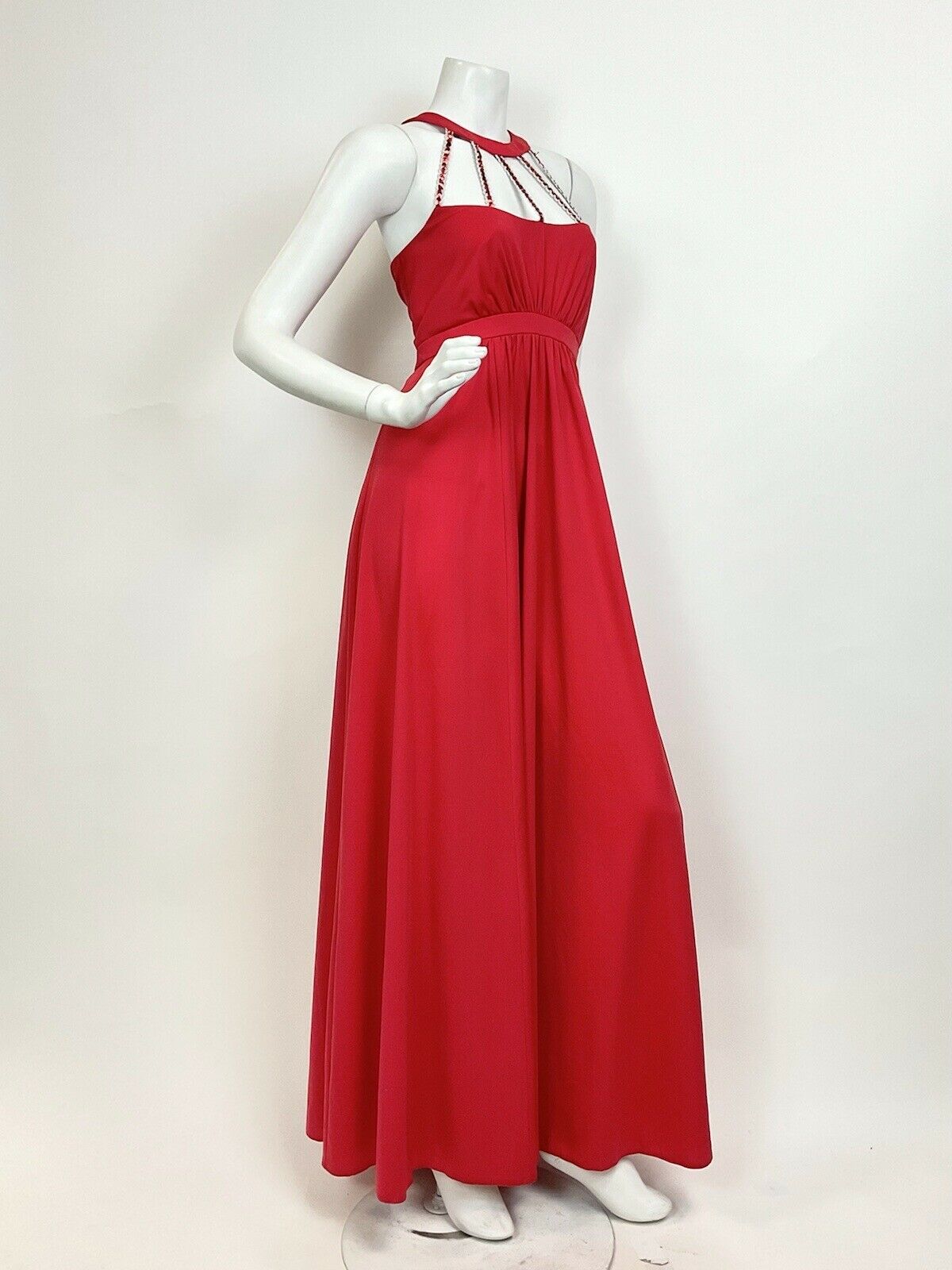 VTG 60s 70s CHERRY RED SILVER SEQUIN STUDIO 54 DISCO PARTY MAXI HALTER DRESS 8