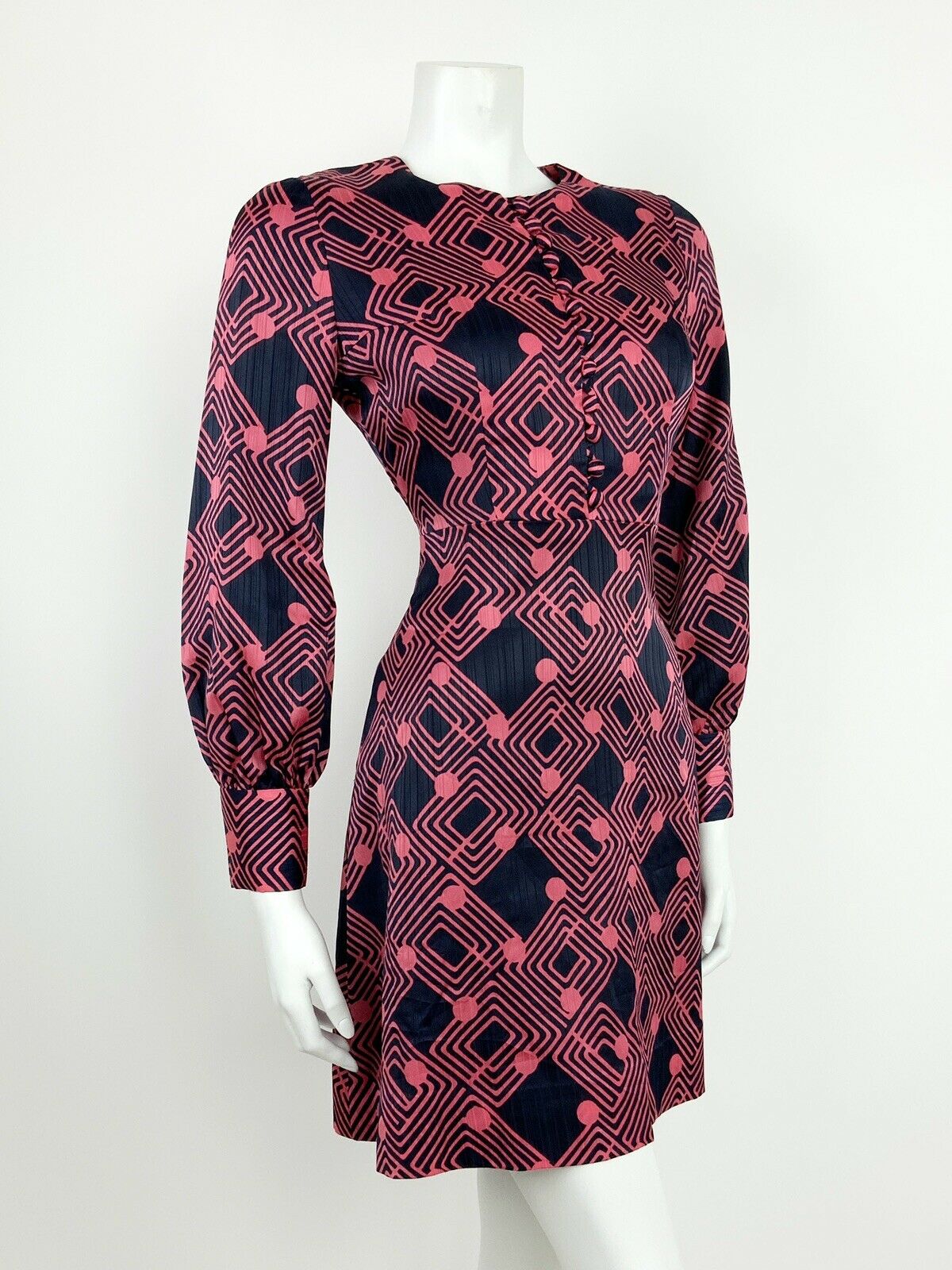 AMAZING VINTAGE 60s 70s NAVY BLUE PINK GEOMETRIC LATTICE MOD DRESS 10