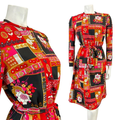 VINTAGE 60s 70s RED BLACK GOLD PATCHWORK FLORAL DAISY BELTED MOD DRESS 12 14