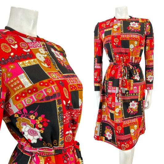 VINTAGE 60s 70s RED BLACK GOLD PATCHWORK FLORAL DAISY BELTED MOD DRESS 12 14