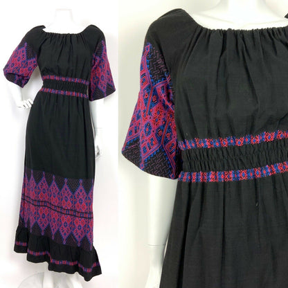 VTG 60s 70s ETHNIC FOLK BLACK BLUE RED EMBROIDERED RUCHED MAXI DRESS 10 12