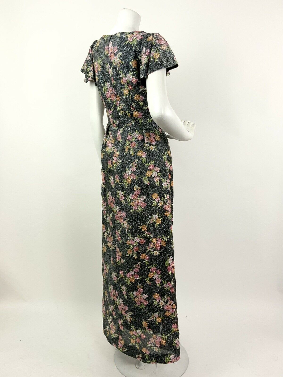 VINTAGE 60s 70s BLACK PINK SILVER LUREX GLITTER FLORAL CAPE SLEEVE MAXI DRESS 10