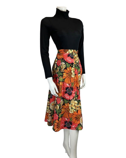 VINTAGE 60s 70s ORANGE PINK GREEN PSYCHEDELIC FLORAL POPPY SWING SKIRT 10