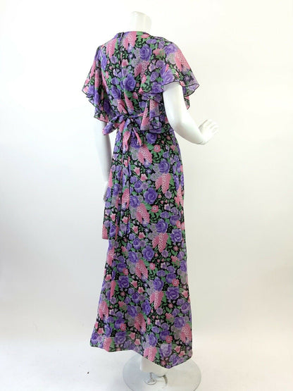 VINTAGE 60s 70s PURPLE PINK BLACK FLORAL SHEER CAPE SLEEVE MAXI DRESS 8 10