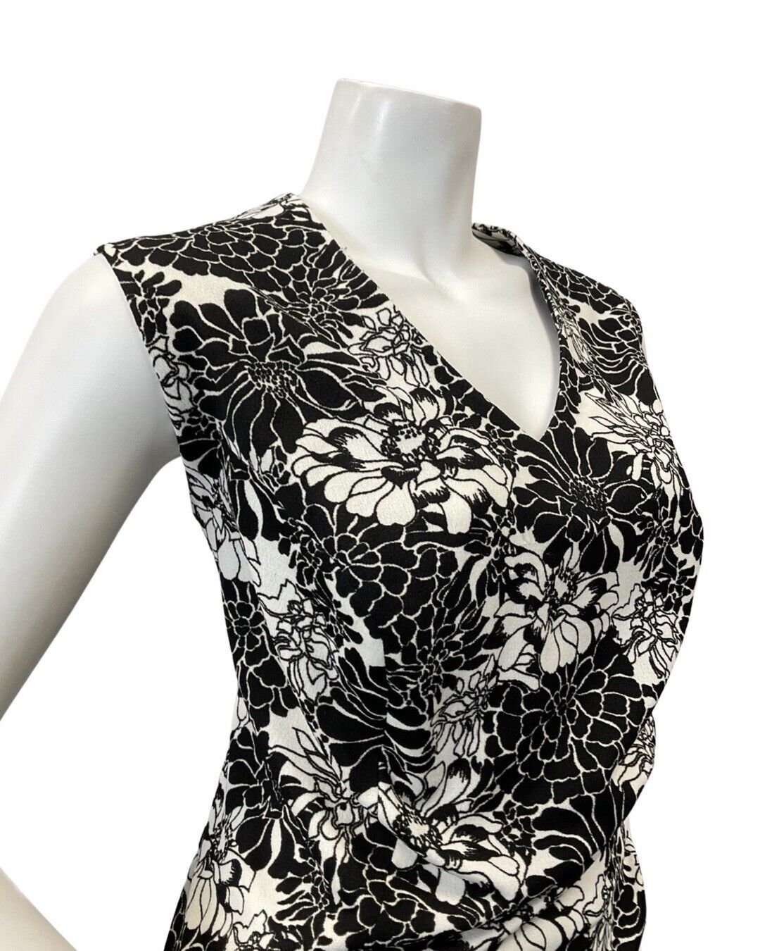 VINTAGE 60s 70s BLACK WHITE PSYCHEDELIC FLORAL SLEEVELESS MAXI DRESS 16 18