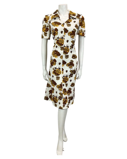 VINTAGE 60S 70S WHITE BROWN MUSTARD FLORAL AUTUMNAL MINI DRESS 14 16