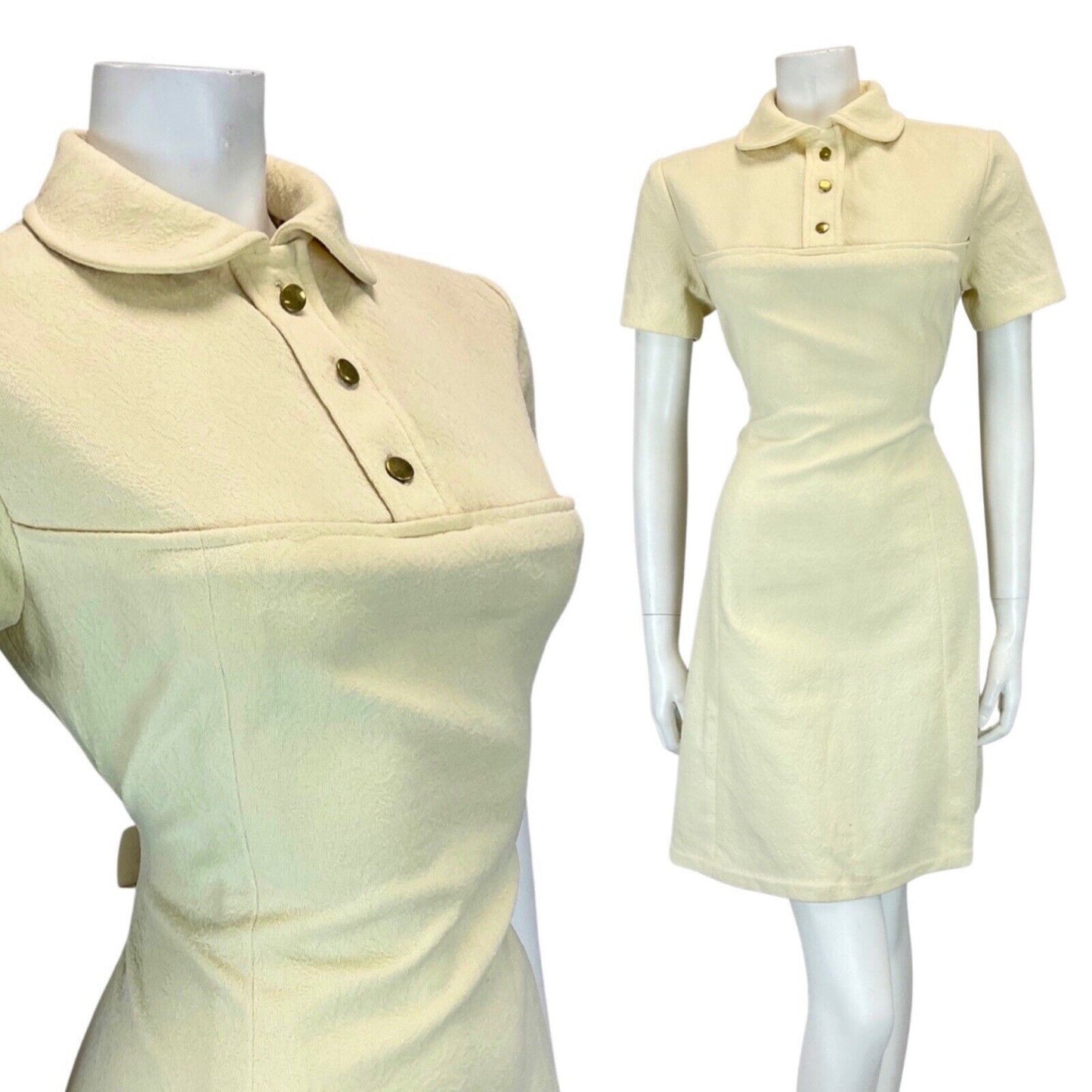 VINTAGE 60s CREAM YELLOW FLORAL PETER PAN COLLAR MOD SHORT DRESS 12