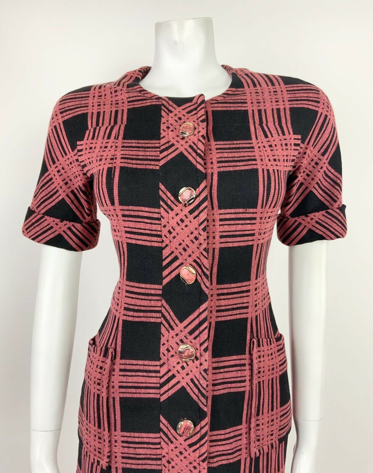 VINTAGE 60s 70s BLACK RED GEOMETRIC PLAID CHECKED FITTED WIGGLE DRESS 8 10