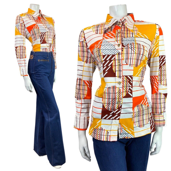 VINTAGE 60s 70s WHITE YELLOW BROWN GEOMETRIC OP-ART MOD DAGGER SHIRT 10 12