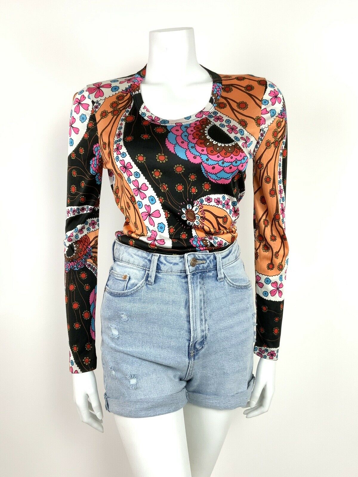 VINTAGE 70s PSYCHEDELIC TOP FLORAL NEON ACID ORANGE BLACK BLUE PINK 12 14